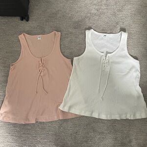 2 EUC Women's Lace-Up Tank Tops - White and Pink, Size Medium